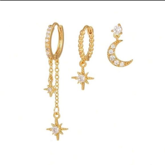 Gold Star and Moon Earring Set N1025 - Picture 2 of 3